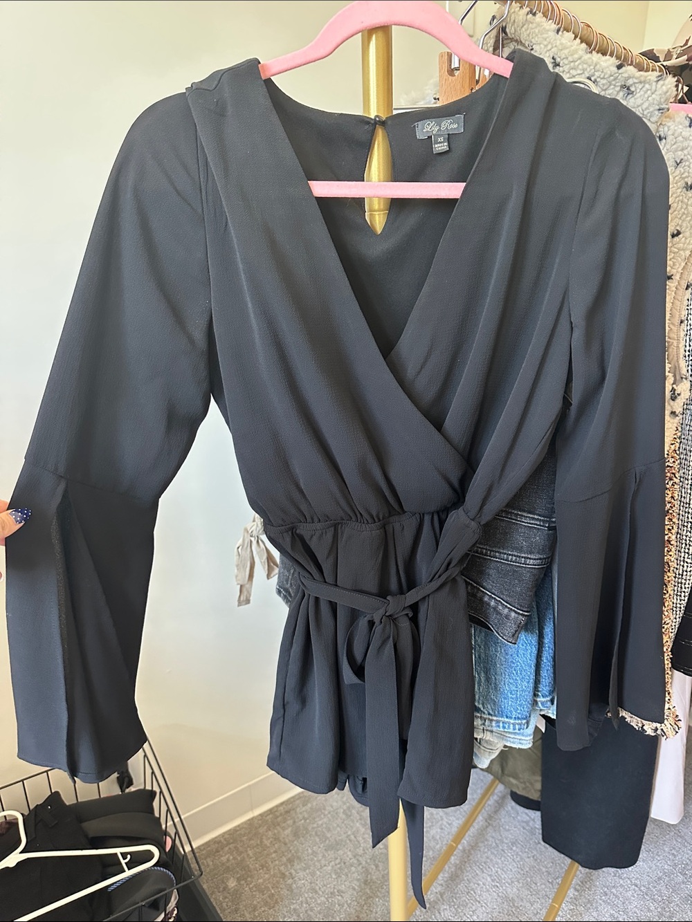 Lily White Black Wrap Peplum Romper with Tie